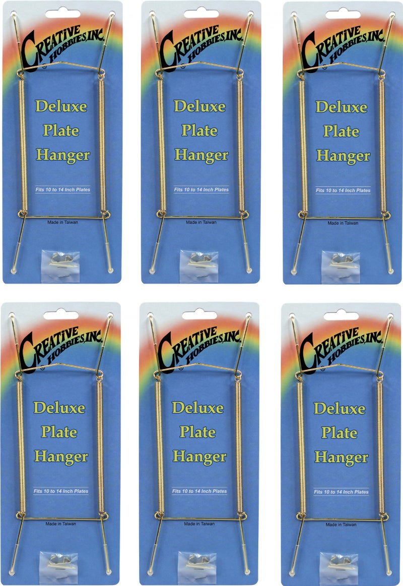 Creative Hobbies Deluxe Plate Display Hangers - Expandable Spring Style for 10-14 Inch Plates - Gold Wire with Hooks & Nails | Pack of 6 - Image 1